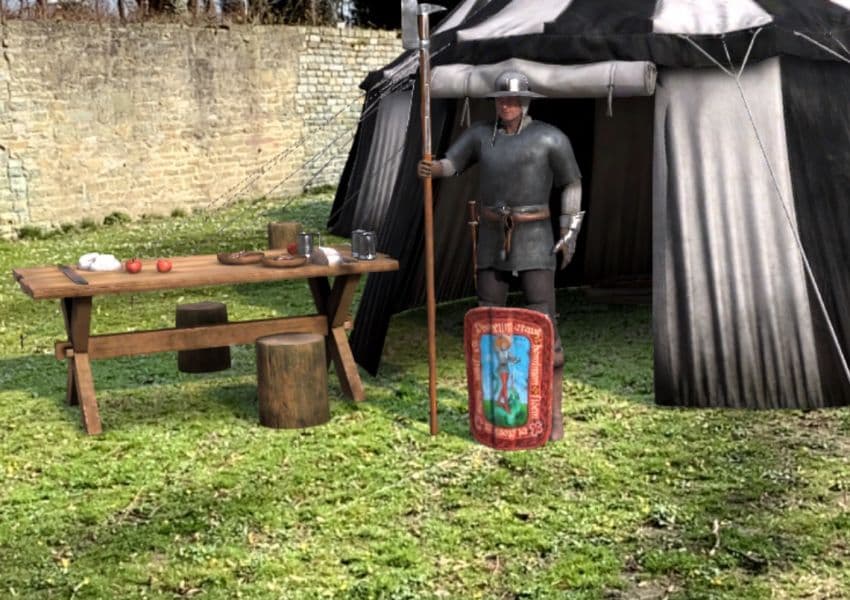 Mittelalterliche AR-Szene — Ritter vor historischem Zelt