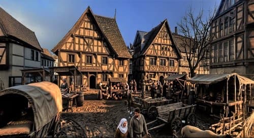 Historische Ansicht aus RatinGo: Lebendiges Markttreiben mit Fachwerkhäusern und Fuhrwerken im Ratingen vergangener Jahrhunderte